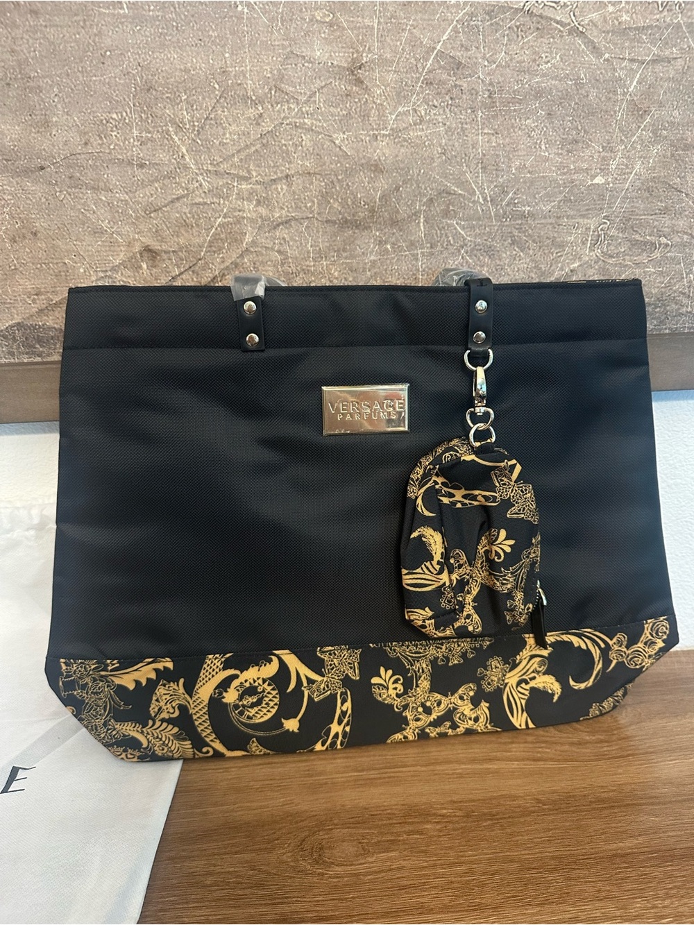 Versace Parfums Black and Gold Tote with Pouch